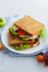 Overhead shot of a healthy sandwich with greens, ham, tomatoes and cheese. Lunch ideas for school or for work
