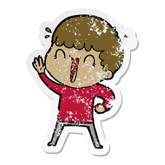 distressed sticker of a laughing cartoon man waving