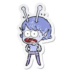 distressed sticker of a cartoon shocked alien girl