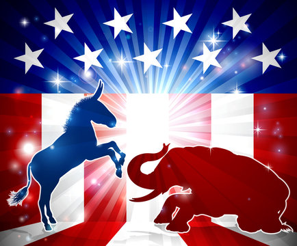 An elephant and donkey in silhouette facing off with an American flag in the background democrat and republican political mascot animals