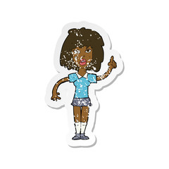 retro distressed sticker of a cartoon tough woman with idea
