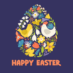 Happy Easter greeting card showing egg filled with cute cartoon hen, cock and spring flowers, vector illustration on dark background. Easter greeting card - chicken and flowers forming egg shape