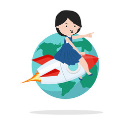girl on rocket with earth