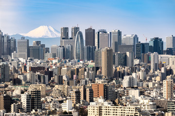 Naklejka premium Tokyo skyline and Mountain fuji in Japan.