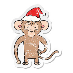 distressed sticker cartoon of a monkey scratching wearing santa hat