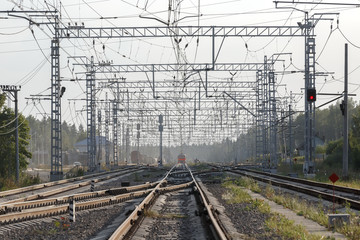 An empty railway sorting station or terminal with lots of junction, crossroads, semaphore showing...
