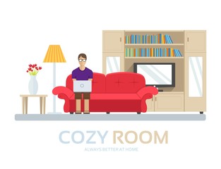 Cozy house in flat design background concept. The guy sitting on the couch in the room and around furniture. Icons for your product or illustration, web and mobile applications.