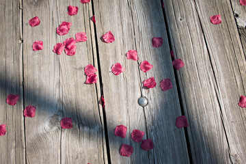 rose petals on wooden background