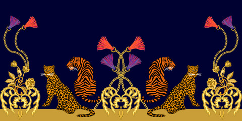 Baroque border with leopards and tigers.