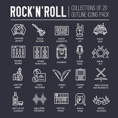 Premium quality ROCK'N'ROLL outline icons collection set.  Music equipment linear symbol pack. Modern template of thin line icons, logo, symbols, pictogram and flat illustrations concept.