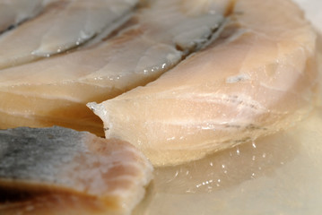 Slices of herring in oil closeup. Shallow depth of field