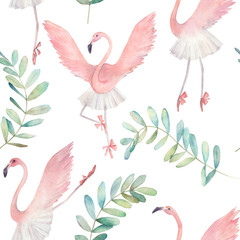 Flamingo dancing ballet. Hand drawn illustration. Watercolor abstract seamless pattern