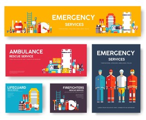 Firefighter, rafting, police, medicine rescue cards template set. Flat design icon of flyear, magazines, posters, book cover, banner. Emergency services layout concept pages with typography background