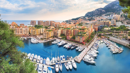 Luxury residential area Monaco-Ville with yachts, Monaco, Cote d'Azur, France