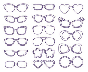 Hand drawn summer illustration sketch style Sunglasses icon set. Simple Doodle vector icon for web design isolated on white background
