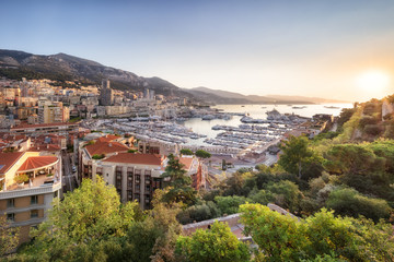 Fototapeta na wymiar Morning panorama over port Hercule in Monaco