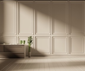 Home interior with a table and sunlight. Wooden floor. 3D rendering.