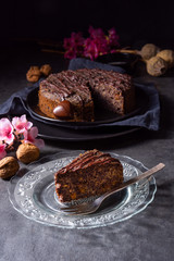 juicy poppy seed cake with apples and chocolate glaze
