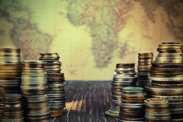 Old moneys and coins. Numismatics and collecting money.Russian Empire and world currency.Silver,gold.Searching for treasure concept.Vintage and retro style.