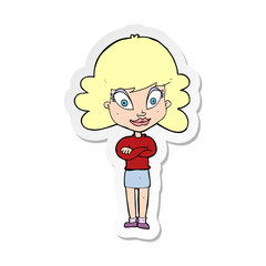 sticker of a cartoon happy woman with folded arms
