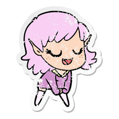 distressed sticker of a happy cartoon elf girl
