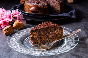 juicy poppy seed cake with apples and chocolate glaze