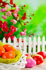 Colorful Easter eggs in the nest and wooden table and branches with spring flowers on nature background