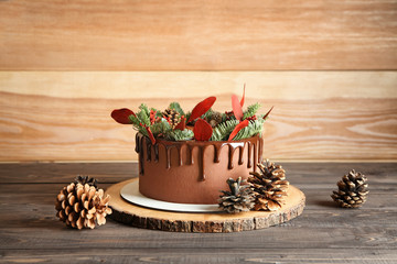 Christmas chocolate cake on table