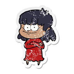 distressed sticker of a cartoon smiling woman