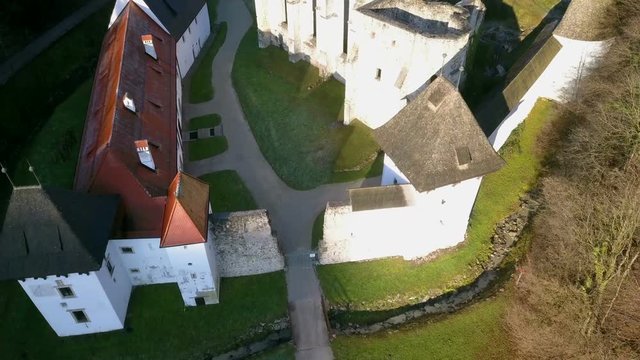 LOCE, SLOVENIA, 2019.01.25: Aerial: Ancient ruins of Zice monastery. Filming remainings of ancient French monastery on beautiful sunny winter morning.
