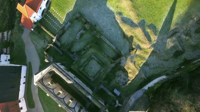 LOCE, SLOVENIA, 2019.01.25: Aerial: Ancient ruins of Zice monastery. Filming remainings of ancient French monastery on beautiful sunny winter morning.