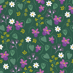 Seamless floral pattern with forest herbs, leaves, viola and chamomile