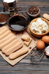 Tiramisu cake cooking - Savoiardi ladyfingers Biscuits, cheese and coffee