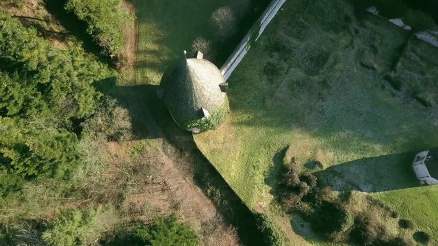 LOCE, SLOVENIA, 2019.01.25: Aerial: Flying over remainings of Zice monastery. Filming remainings of ancient French monastery Zicka kartuzija on beautiful sunny winter morning.