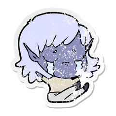 distressed sticker of a cartoon crying elf girl