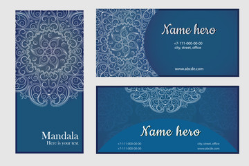 Fototapeta na wymiar WebSet of business cards, cards with a mandala lace background on a turquoise background. Vector