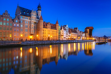 Beautiful old town of Gdansk with historic Crane at Motlawa river, Poland