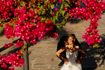 Beautiful wedding couple posing in nature