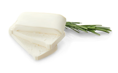 Tasty feta cheese on white background