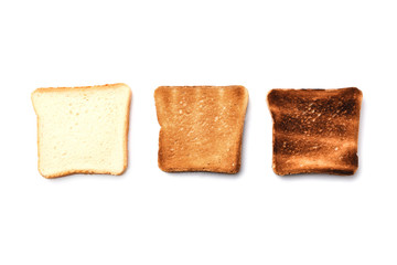 Slices of toasted bread on white background