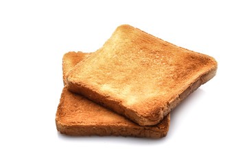 Slices of toasted bread on white background