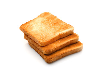 Slices of toasted bread on white background