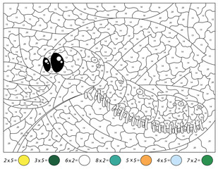 Cartoon caterpillar. Math activity worksheet. Multiplication table. Color by number educational game