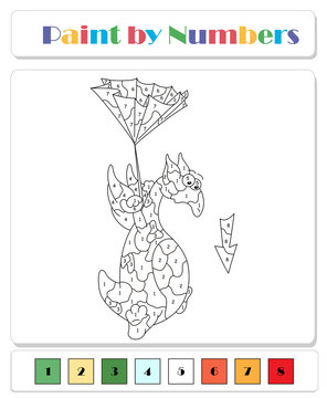 Green dragon flies down with umbrella. Color by number educational game for kids