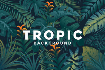 Tropical background with jungle plants. Trendy background with tropic leaves, can be used as Exotic wallpaper, Greeting card, poster, placard. Vector Illustration - obrazy, fototapety, plakaty