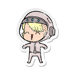 distressed sticker of a happy cartoon space girl