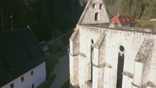 LOCE, SLOVENIA, 2019.01.25: Aerial: Ancient ruins of Zice monastery. Filming remainings of ancient French monastery on beautiful sunny winter morning.
