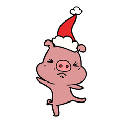 line drawing of a furious pig wearing santa hat