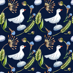 Seamless pattern with goose and floral elements on a dark blue background.