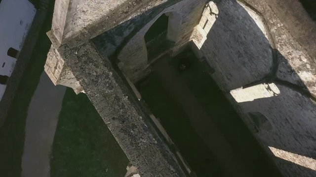 LOCE, SLOVENIA, 2019.01.25: Aerial: Ancient ruins of Zice monastery. Filming remainings of ancient French monastery on beautiful sunny winter morning.